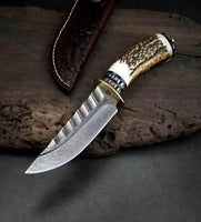 12" inches HAND FORGED Fixed Blade Damascus Steel Hunting Knife + Leather Sheath