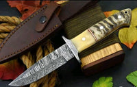 8.5" inches HAND FORGED Full Tang Damascus Steel Hunting Knife + Leather Sheath