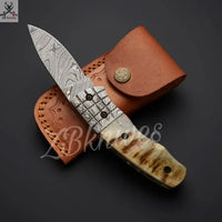 7.25" Inches HAND FORGED Damascus Steel Folding Pocket Knife + leather sheath ZB Knives Store