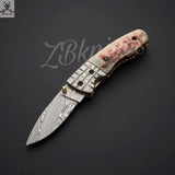 7.25" Inches HAND FORGED Damascus Steel Folding Pocket Knife + leather sheath ZB Knives Store