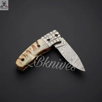 7.25" Inches HAND FORGED Damascus Steel Folding Pocket Knife + leather sheath ZB Knives Store