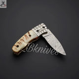 7.25" Inches HAND FORGED Damascus Steel Folding Pocket Knife + leather sheath ZB Knives Store