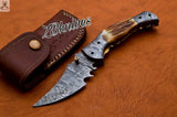 7.5" Inches HAND FORGED Damascus Steel Folding Pocket Knife + leather sheath ZB Knives Store