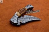 7.5" Inches HAND FORGED Damascus Steel Folding Pocket Knife + leather sheath ZB Knives Store