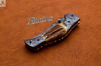 7.5" Inches HAND FORGED Damascus Steel Folding Pocket Knife + leather sheath ZB Knives Store