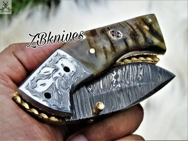 7.5" Inches HAND FORGED Damascus Steel Folding Pocket Knife + leather sheath ZB Knives Store