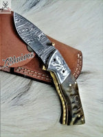 7.5" Inches HAND FORGED Damascus Steel Folding Pocket Knife + leather sheath ZB Knives Store