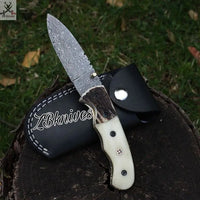 7.5" Inches HAND FORGED Damascus Steel Folding Pocket Knife + leather sheath ZB Knives Store