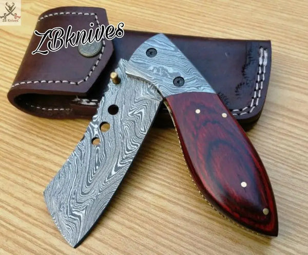 7.5" Inches HAND FORGED Damascus Steel Folding Pocket Knife + leather sheath ZB Knives Store