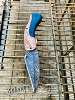 7.5" Inches HAND FORGED Damascus Steel Folding Pocket Knife + leather sheath ZB Knives Store