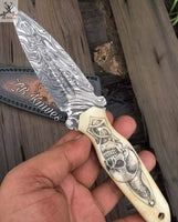 7.5" Inches HAND FORGED Fixed Damascus Steel engraved Dagger Knife + leather sheath ZB Knives Store