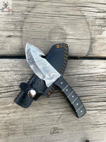 7.5" Inches HAND FORGED Full Tang Damascus steel Guthook Skinning Knife + leather sheath ZB Knives Store