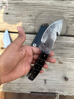 7.5" Inches HAND FORGED Full Tang Damascus steel Guthook Skinning Knife + leather sheath ZB Knives Store