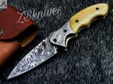 7.5" inches HAND FORGED Damascus Steel Folding Pocket Knife + leather sheath ZB Knives Store