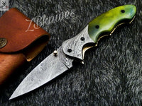 7.5" inches HAND FORGED Damascus Steel Folding Pocket Knife + leather sheath ZB Knives Store