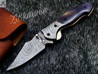 7.5" inches HAND FORGED Damascus Steel Folding Pocket Knife + leather sheath ZB Knives Store