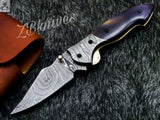 7.5" inches HAND FORGED Damascus Steel Folding Pocket Knife + leather sheath ZB Knives Store