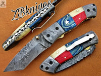 7.5" inches HAND FORGED Damascus Steel Folding Pocket Knife + leather sheath ZB Knives Store