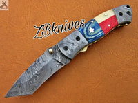 7.5" inches HAND FORGED Damascus Steel Folding Pocket Knife + leather sheath ZB Knives Store