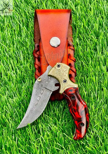 7.5" inches HAND FORGED Damascus Steel Folding Pocket Knife + leather sheath ZB Knives Store