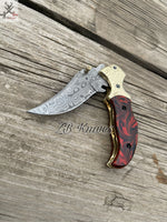 7.5" inches HAND FORGED Damascus Steel Folding Pocket Knife + leather sheath ZB Knives Store