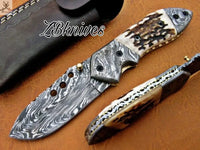 7.5" inches HAND FORGED Damascus Steel Folding Pocket Knife + leather sheath ZB Knives Store