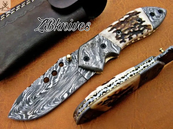 7.5" inches HAND FORGED Damascus Steel Folding Pocket Knife + leather sheath ZB Knives Store