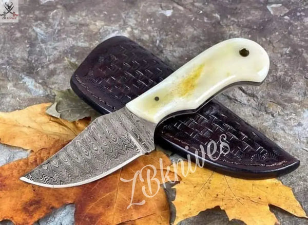 7.75" Inches HAND FORGED Full Tang Damascus Steel Skinning Knife+ Leather sheath ZB Knives Store