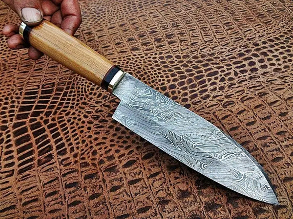 11.75" inches HAND FORGED Full Tang Damascus Steel Chef knife + Leather Sheath