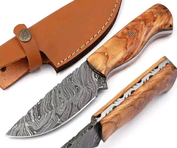 8" HAND FORGED Full Tang Damascus Steel Skinning knife + Leather Sheath