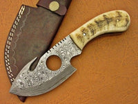 8.5" inches HAND FORGED Full Tang Damascus Steel Gut Hook Skinning Knife + Leather Sheath