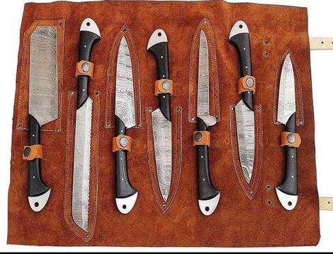 7 PCS HAND FORGED Full Tang Damascus Steel Kitchen Set Knives+ Leather R