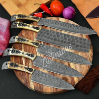 5 PCS HAND FORGED Full Tang Damascus Steel Kitchen Set Knives+ Leather Roll kit