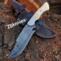 12" Inches HAND FORGED Full Tang Damascus Steel Hunting Knife+ Leather sheath