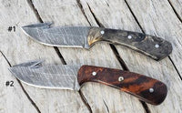 8" Inches HAND FORGED Damascus Steel Gut Hook Skinning knife+ Leather sheath