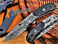 7" Inches HAND FORGED Damascus Steel Folding Pocket Knife + leather sheath ZB Knives Store