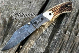 7" Inches HAND FORGED Full Tang Damascus Steel Folding Pocket Knife + leather sheath ZB Knives Store