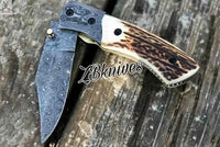 7" Inches HAND FORGED Full Tang Damascus Steel Folding Pocket Knife + leather sheath ZB Knives Store