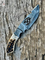 8.5" HAND FORGED Full Tang Damascus Steel Gut Hook Skinning Knife + leather sheath ZB Knives Store