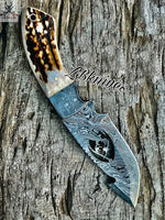 8.5" HAND FORGED Full Tang Damascus Steel Gut Hook Skinning Knife + leather sheath ZB Knives Store