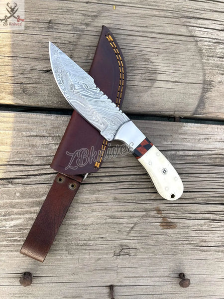 8.5" Inches HAND FORGED Full Tang Damascus Steel Hunting Skinning Knife+ Leather Sheath ZB Knives Store