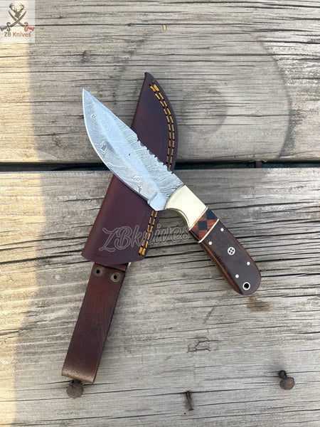 8.5" Inches HAND FORGED Full Tang Damascus Steel Hunting Skinning Knife+ Leather Sheath ZB Knives Store