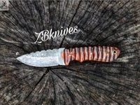 8.5" inches HAND FORGED Full Tang Damascus Steel Hunting Skinning Knife + leather sheath ZB Knives Store