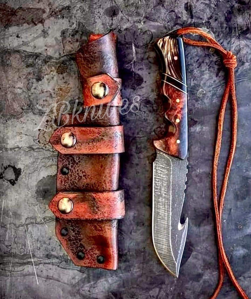 9.5" HAND FORGED Fixed Blade 1095 High Carbon Steel Gut Hook Hunting Knife + leather sheath