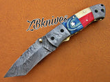 7.5" inches HAND FORGED Damascus Steel Folding Pocket Knife + leather sheath