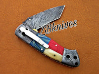 7.5" inches HAND FORGED Damascus Steel Folding Pocket Knife + leather sheath