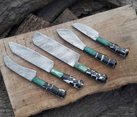 5 PCS HAND FORGED Full Tang Damascus Steel Kitchen Set knives+ Leather roll kit