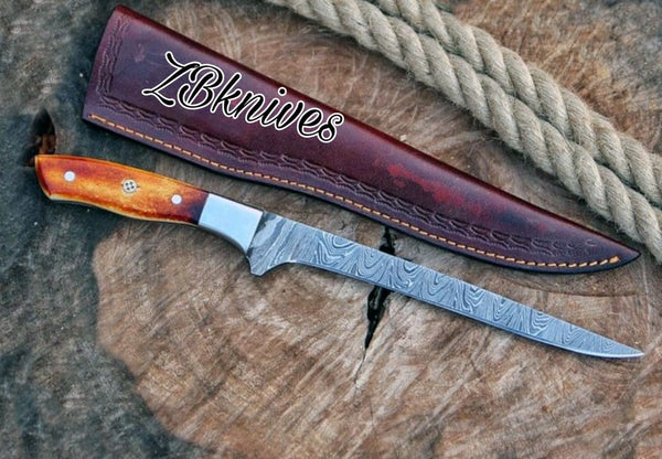 12.5" Inches HAND FORGED Full Tang Damascus Steel Fishing Fillet Knife + leather sheath