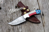 8" HAND FORGED Full Tang Texas Flag Damascus Steel Skinning Knife + leather sheath ZB Knives Store