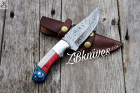 8" HAND FORGED Full Tang Texas Flag Damascus Steel Skinning Knife + leather sheath ZB Knives Store